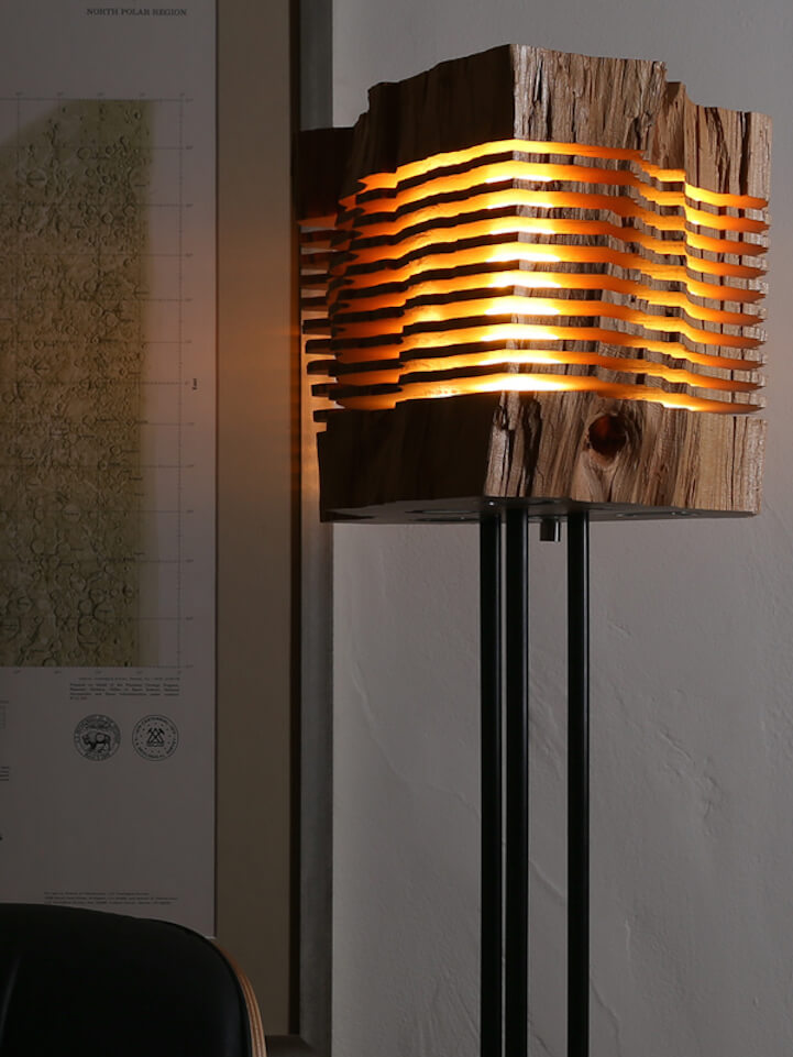 This designer turns firewood into beautiful lamps.