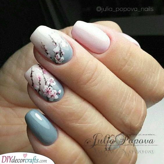 Cherry Blossoms in Blue - Great Spring Nail Ideas