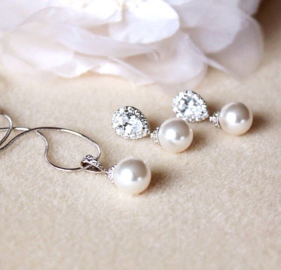 Drop Pearl Earrings and Necklace - Wedding Accessories