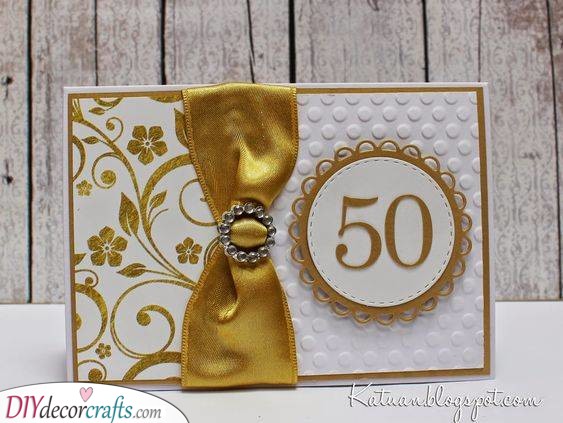 Flowers and a Bow - Golden Wedding Invitation Cards